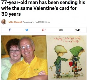 【海外発！Breaking News】39年間、妻に同じバレンタインカードを贈り続ける77歳（英）