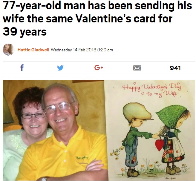 同じバレンタインカードを贈り続ける夫とその妻（画像は『Metro　2018年2月14日付「77-year-old man has been sending his wife the same Valentine’s card for 39 years」（Picture: SWNS）』のスクリーンショット）