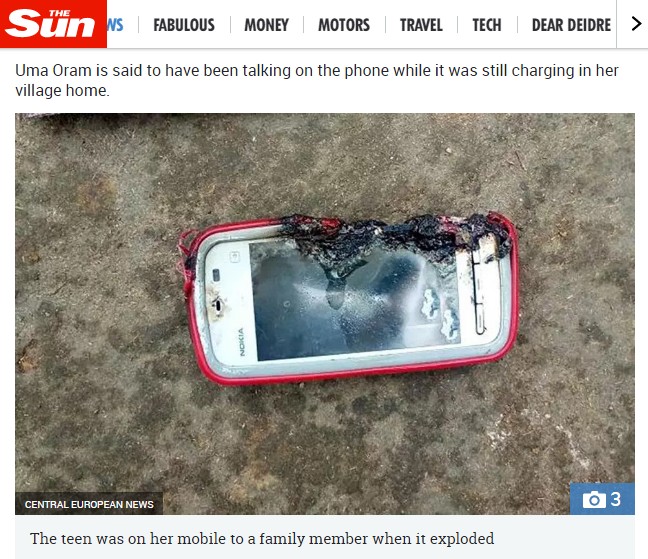 突然、爆発したスマートフォン（画像は『The Sun　2018年3月19日付「DEADLY CALL Girl, 18, killed when Nokia phone she was chatting on EXPLODED after she plugged it in」（IMAGE: CENTRAL EUROPEAN NEWS）』のスクリーンショット）