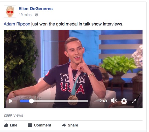司会のエレンから“金メダルに値する”と絶賛されたアダム（画像は『Ellen DeGeneres　2018年3月1日付Facebook「Adam Rippon just won the gold medal in talk show interviews.」』のスクリーンショット）