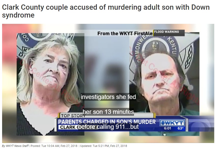 特別手当の支給が打ち切られ、ダウン症の息子への態度を変えた夫婦（画像は『WKYT-TV　2018年2月27日付「Clark County couple accused of murdering adult son with Down syndrome」』のスクリーンショット）