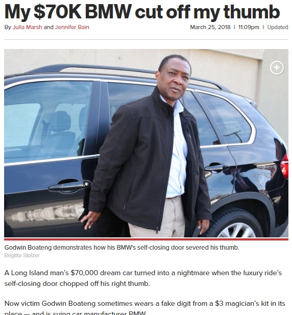 ニューヨークの男性、BMWのある装置で親指を失う（画像は『New York Post　2018年3月25日付「My ＄70K BMW cut off my thumb」（Brigitte Stelzer）』のスクリーンショット）