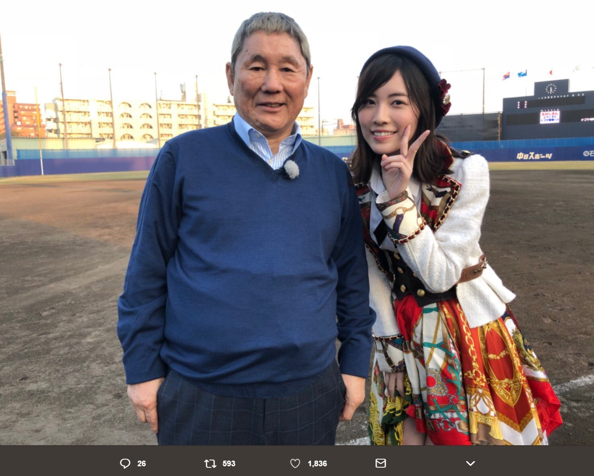 ビートたけしと松井珠理奈（画像は『SKE48支配人 湯浅洋　2018年3月28日付Twitter「東海テレビ60周年特番「ナゴヤにたけしがやってきた！（仮）」に松井珠理奈が収録しました。」』のスクリーンショット）