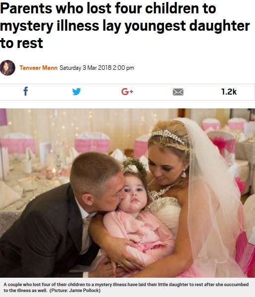 きょうだい4人を亡くした4歳児、同じ症状で息を引き取る（画像は『Metro　2018年3月3日付「Parents who lost four children to mystery illness lay youngest daughter to rest」（Picture: Jamie Pollock）』のスクリーンショット）