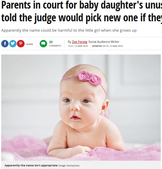 女児の名前をめぐって親が裁判所と対立（画像は『Mirror　2018年3月13日付「Parents in court for baby daughter’s unusual name - and told the judge would pick new one if they didn’t」（Image: iStockphoto）』のスクリーンショット）