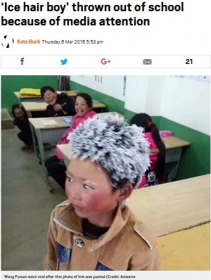 【海外発！Breaking News】登校で髪が凍結し有名になった中国の男児、私立学校へ転入するも追い出される＜動画あり＞