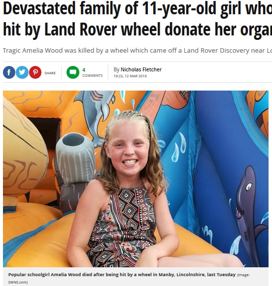 白血病を克服するも事故で他界した少女（画像は『Mirror　2018年3月12日付「Devastated family of 11-year-old girl who died after being hit by Land Rover wheel donate her organs to help others」（Image: SWNS.com）』のスクリーンショット）