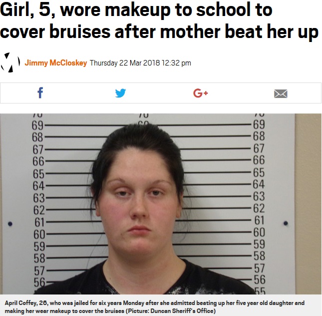 虐待痕を隠すため娘にメイクして登校させた母親（画像は『Metro　2018年3月22日付「Girl, 5, wore makeup to school to cover bruises after mother beat her up」（Picture: Duncan Sheriff’s Office）』のスクリーンショット）