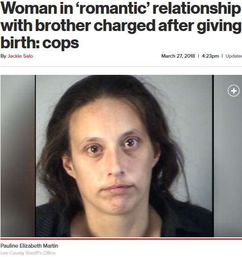 兄と性的関係を持った女、出産後に逮捕（画像は『New York Post　2018年3月27日付「Woman in ‘romantic’ relationship with brother charged after giving birth: cops」（Lee County Sheriff’s Office）』のスクリーンショット）