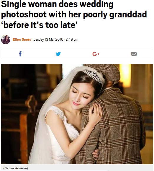 大好きな祖父に花嫁姿を披露した孫（画像は『Metro　2018年3月13日付「Single woman does wedding photoshoot with her poorly granddad ‘before it’s too late’」（Picture: AsiaWire）』のスクリーンショット）