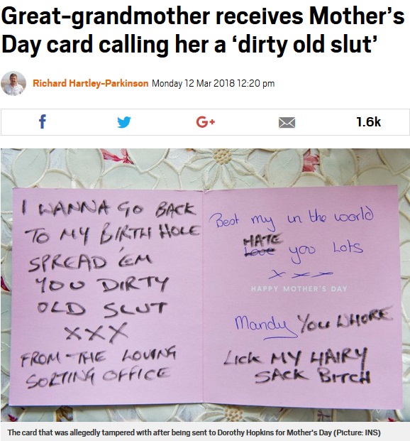 母の日に送ったカードに何者かが酷いイタズラ書き（画像は『Metro　2018年3月12日付「Great-grandmother receives Mother’s Day card calling her a ‘dirty old slut’」（Picture: INS）』のスクリーンショット）