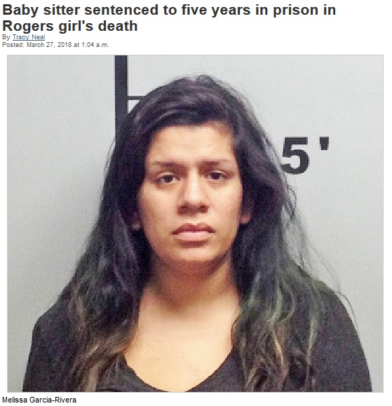 生後8か月の女児を殺害した女に5年の懲役刑（画像は『Northwest Arkansas Democrat-Gazette　2018年3月27日付「Baby sitter sentenced to five years in prison in Rogers girl’s death」』のスクリーンショット）