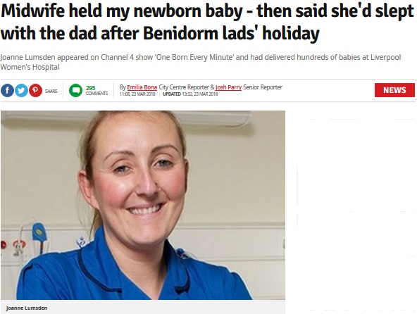 妊婦のパートナーと浮気していた助産師（画像は『Liverpool Echo　2018年3月23日付「Midwife held my newborn baby - then said she’d slept with the dad after Benidorm lads’ holiday」』のスクリーンショット）