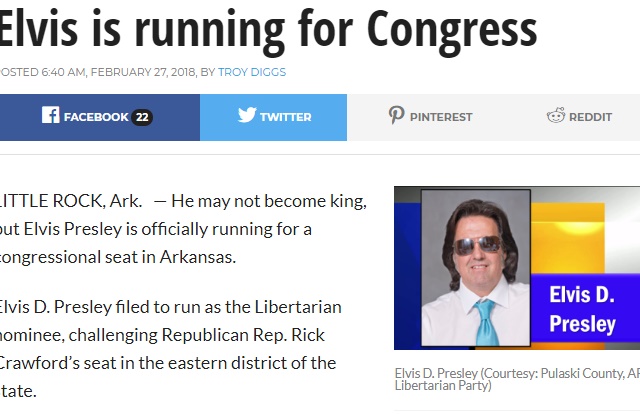 プレスリー“そっくりさん”下院議員当選なるか（画像は『FOX 4 Kansas City WDAF-TV　2018年2月27日付「Elvis is running for Congress」（Courtesy: Pulaski County, AR Libertarian Party）』のスクリーンショット）
