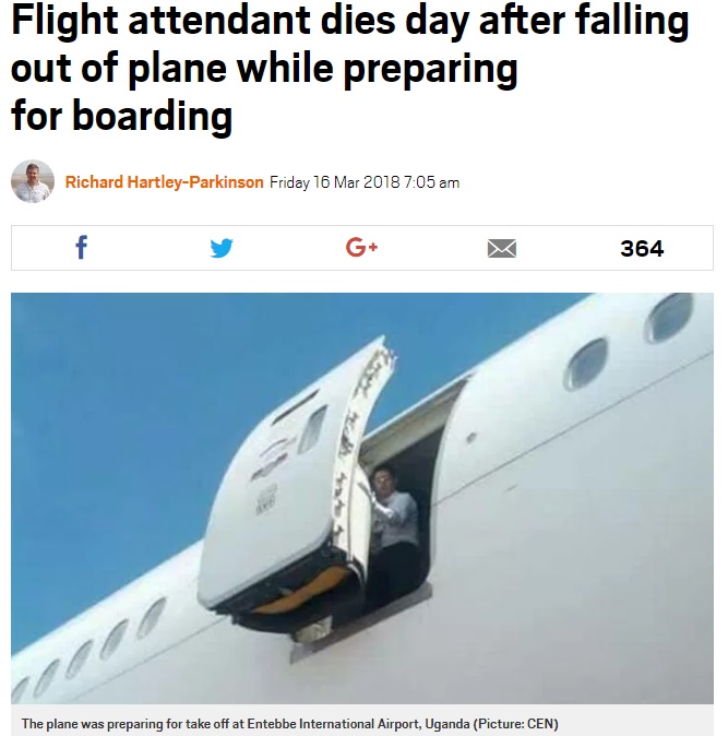 エミレーツ航空CA、緊急用出口から落下して死亡（画像は『Metro　2018年3月16日付「Flight attendant dies day after falling out of plane while preparing for boarding」（Picture：CEN）』のスクリーンショット）