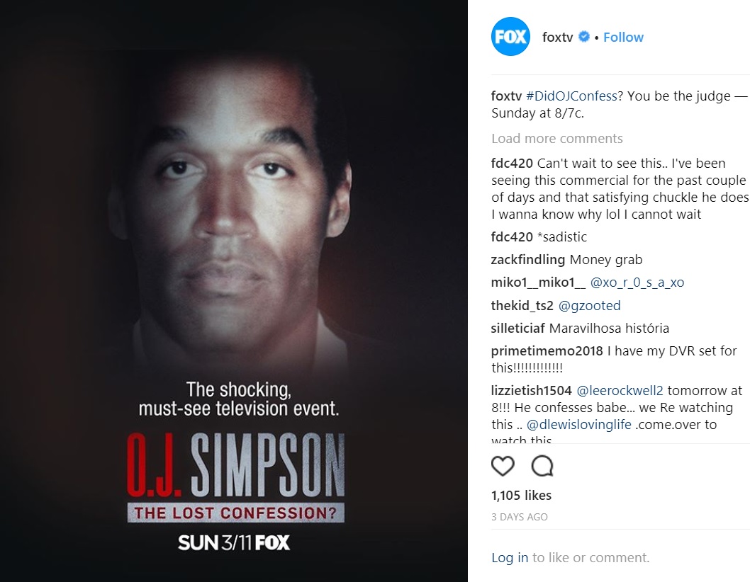 シンプソン「周囲にいる誰もが血まみれに…」（画像は『FOX　2018年3月10日付Instagram「＃DidOJConfess? You be the judge — Sunday at 8/7c.」』のスクリーンショット）