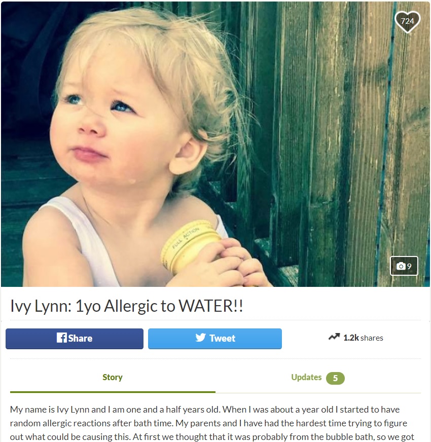 水アレルギーの女児に母親「泣かせることなどできない」（画像は『GoFundMe　2018年2月15日付「Ivy Lynn: 1yo Allergic to WATER!!」（Brittany Angerman）』のスクリーンショット）