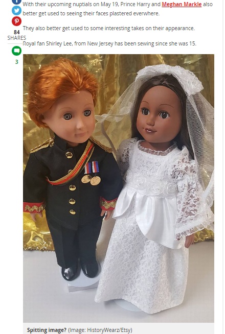 メーガンさん人形は本人よりも褐色に（画像は『Mirror　2018年3月18日付「Royal fan creates ‘sweet’ Prince Harry and Meghan Markle dolls - with some crucial differences」（Image: HistoryWearz/Etsy）』のスクリーンショット）
