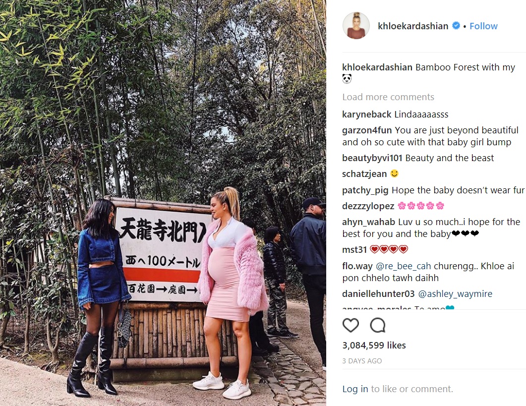 姉コートニーとお腹がかなり目立つクロエ（画像は『Khloé　2018年3月3日付Instagram「Bamboo Forest with my」』のスクリーンショット）