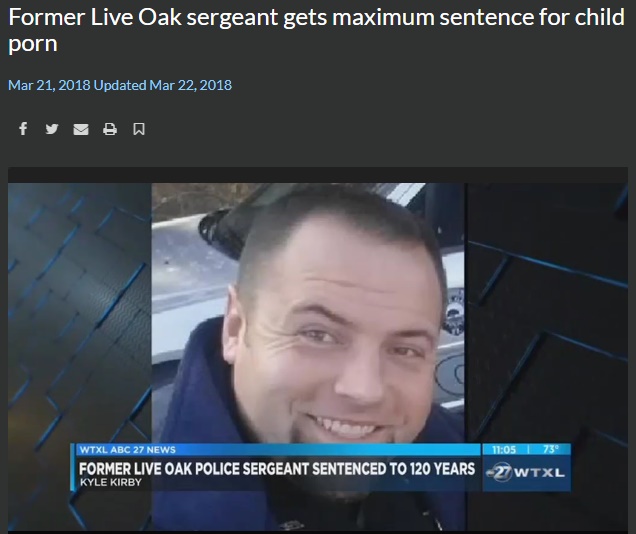 巡査部長に懲役120年の厳しい判決（画像は『wtxl.com　2018年3月22日付「Former Live Oak sergeant gets maximum sentence for child porn」』のスクリーンショット）