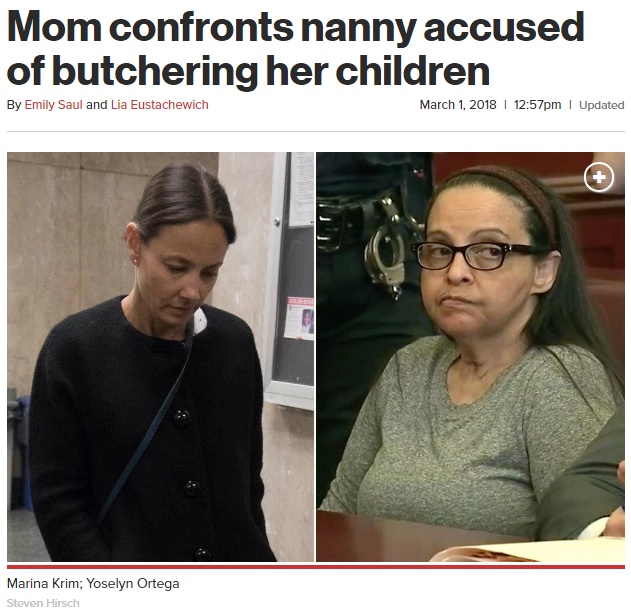 裕福に暮らす女主人（左）への逆恨みで子供たちを惨殺したナニー（右）（画像は『New York Post　2018年3月1日付 「Mom confronts nanny accused of butchering her children」（Steven Hirsch）』のスクリーンショット）