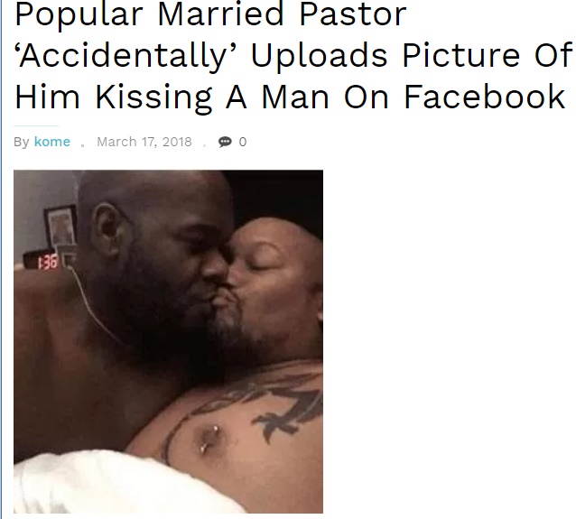 男性とキスする牧師（左）の写真が流出（画像は『Fambles　2018年3月17日付「Popular Married Pastor ‘Accidentally’ Uploads Picture Of Him Kissing A Man On Facebook」』のスクリーンショット）