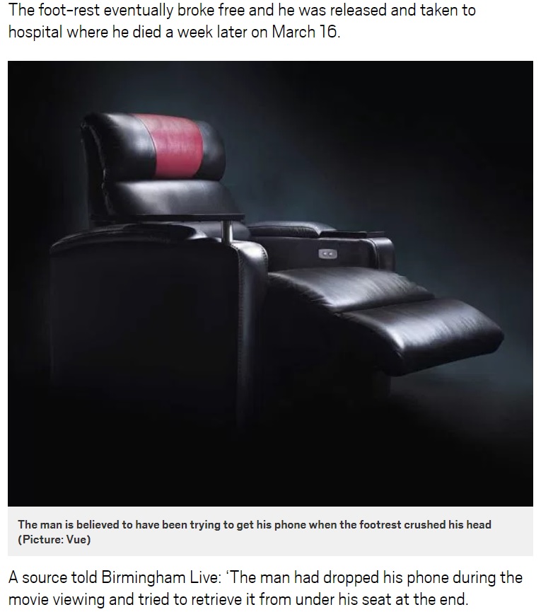 リクライニングシートの足置き部分に男性が挟まれる（画像は『Metro　2018年3月20日付「Man dies after getting head stuck in Vue cinema seat while retrieving phone」（Picture: Vue）』のスクリーンショット）