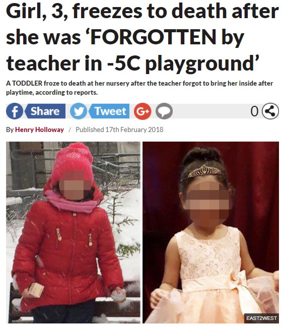 3歳女児、教諭による放置が原因で凍死と思われていたが…（画像は『Daily Star　2018年2月17日付「Girl, 3, freezes to death after she was ‘FORGOTTEN by teacher in -5C playground’」（EAST2WEST）』のスクリーンショット）