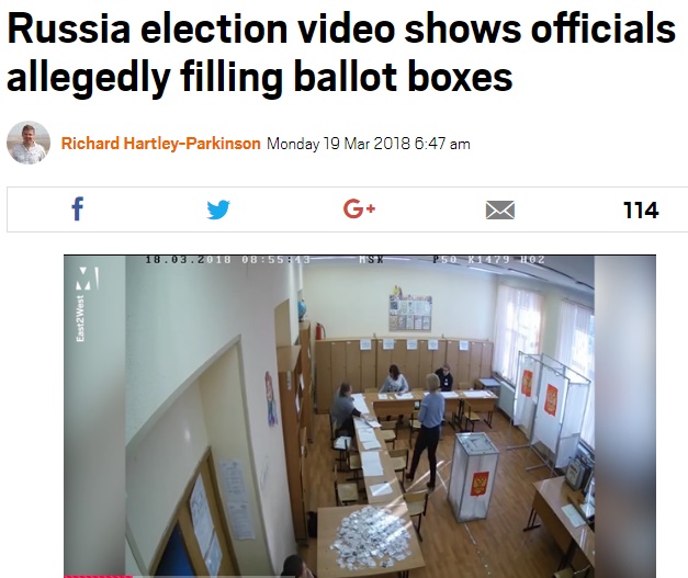 不正投票を行う女性スタッフ（画像は『Metro　2018年3月19日付「Russia election video shows officials allegedly filling ballot boxes」（Picture: East2West News）』のスクリーンショット）