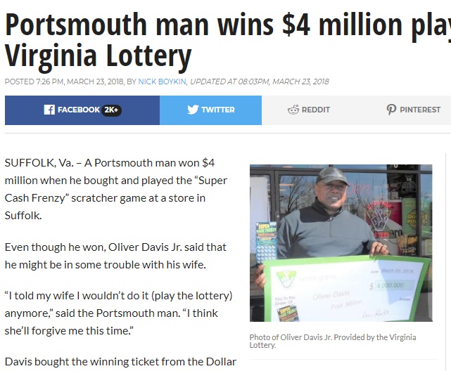 「これで最後」宝くじをコッソリ買った男性に神様が微笑む（画像は『WTKR.com　2018年3月23日付「Portsmouth man wins ＄4 million playing Virginia Lottery」（Photo of Oliver Davis Jr. Provided by the Virginia Lottery）』のスクリーンショット）