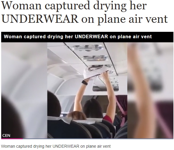 機内で堂々と下着を乾燥させる女性（画像は『Express.co.uk　2018年2月19日付「Woman captured drying her UNDERWEAR on plane air vent」（CEN）』のスクリーンショット）