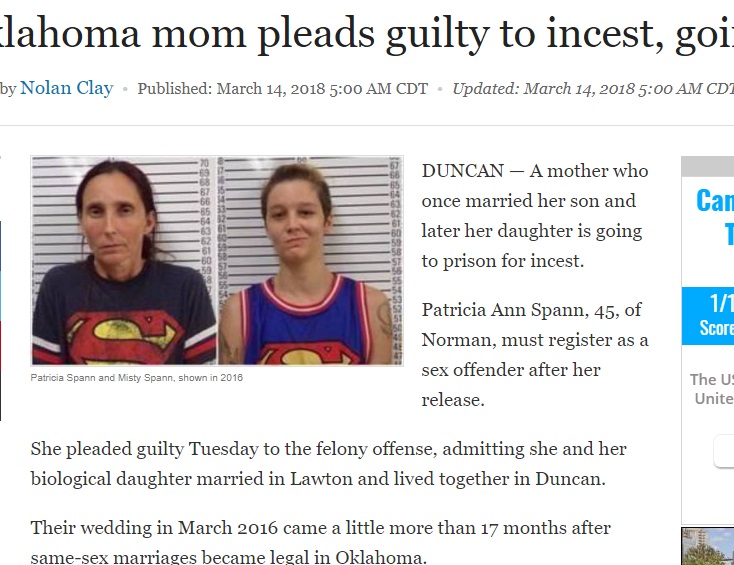 オクラホマ州で近親婚につき裁かれた母と娘（画像は『NewsOK　2018年3月14日付「Oklahoma mom pleads guilty to incest, going to prison」』のスクリーンショット）