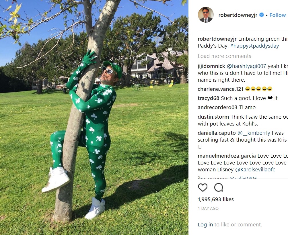 “あまりのギャップ”にファンも大喜び（画像は『Robert Downey Jr.　2018年3月17日付Instagram「Embracing green this St.Paddy’s Day. ＃happystpaddysday」』のスクリーンショット）