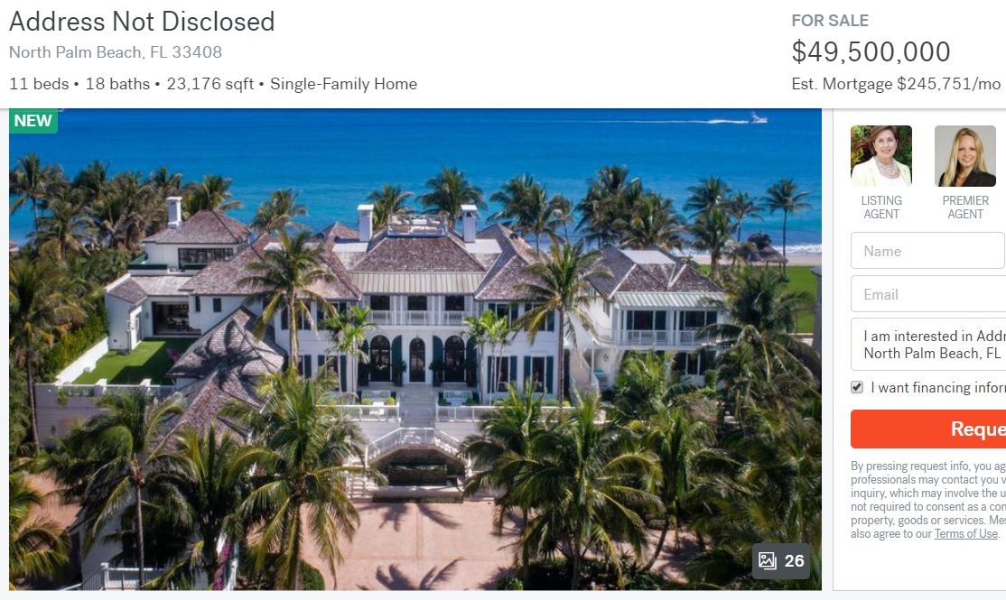 タイガー・ウッズが購入し、離婚により妻に譲ったフロリダの大豪邸（画像は『Trulia　2018年3月13日付「Address Not Disclosed　North Palm Beach, FL 33408」』のスクリーンショット）