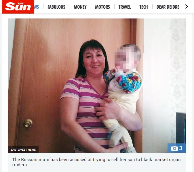 ネット広告で子供の臓器を提供？　掲載された母子の写真（画像は『The Sun　2018年4月9日付「‘SELLING A CHILD FOR ORGANS' Russian mum accused of posting sick advert offering to sell her baby son to black market human organ traders for ￡2,400」（IMAGE: EAST2WEST NEWS）』のスクリーンショット）