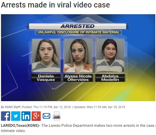 リベンジポルノに加担した友人3名を逮捕（画像は『KGNS-TV　2018年4月18日付「Arrests made in viral video case」』のスクリーンショット）