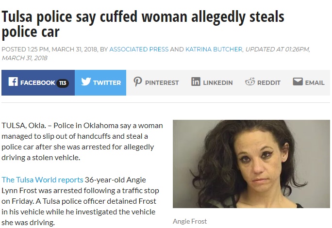 車泥棒の女、パトカーも奪って逃走（画像は『KFOR.com　2018年3月31日付「Tulsa police say cuffed woman allegedly steals police car」』のスクリーンショット）