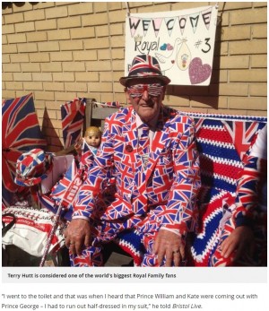 【海外発！Breaking News】ロイヤルベビー誕生目前！　英王室ファンの83歳男性、ユニオンジャックのスーツで野宿