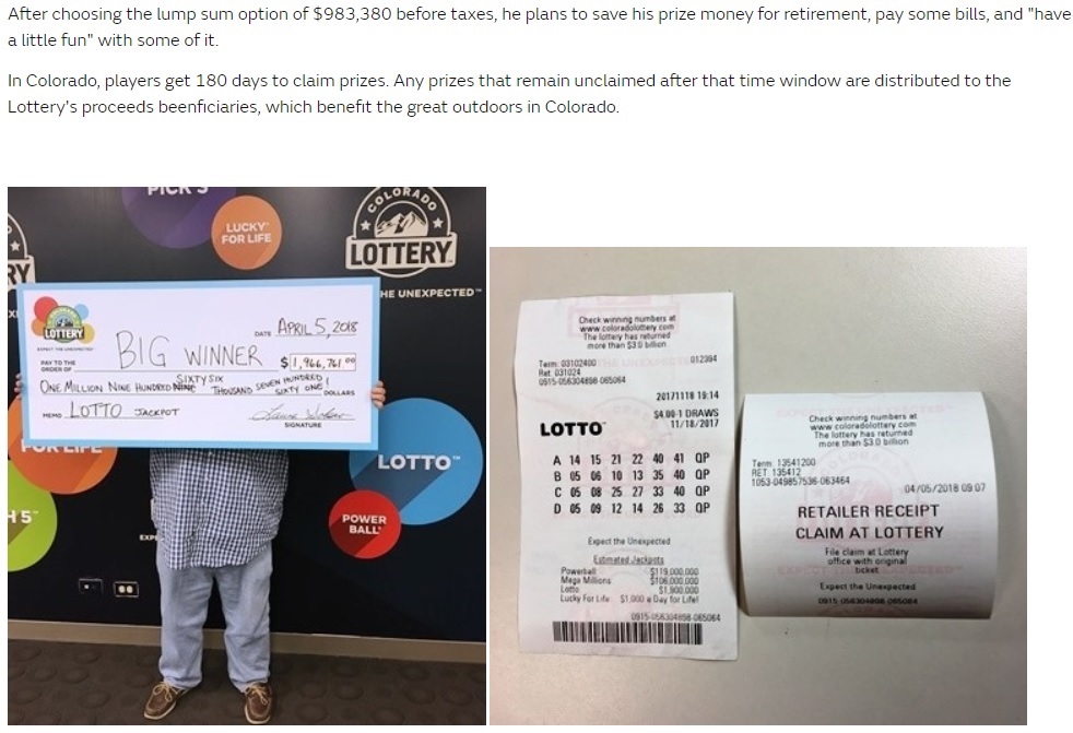 宝クジで高額当選の男性、5か月近く気づかず（画像は『Colorado Lottery　2018年4月5日付「Lotto Winner Claims 4.5 Months Later」』のスクリーンショット）