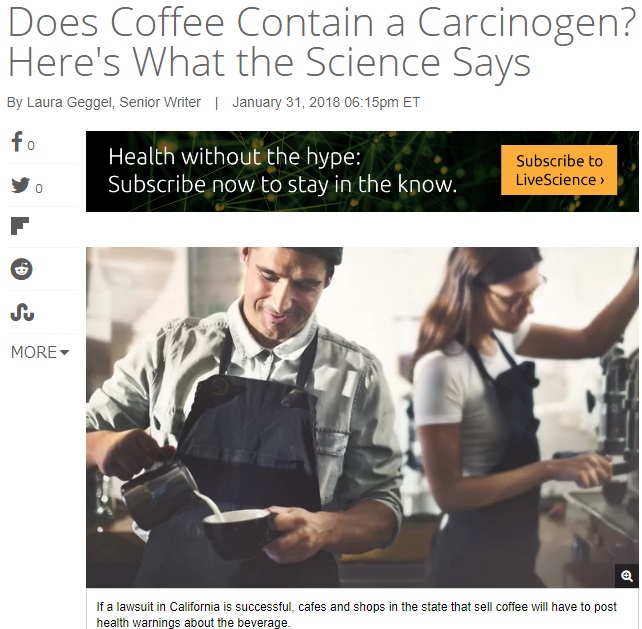 コーヒーの発がん性、やはり気になる…!?（画像は『Live Science　2018年1月31日付「Does Coffee Contain a Carcinogen? Here’s What the Science Says」（Credit: Shutterstock）』のスクリーンショット）