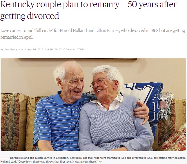 離婚から50年後、再び結婚を決意した元夫婦（画像は『Today　2018年4月5日付「Kentucky couple plan to remarry — 50 years after getting divorced」（AP）』のスクリーンショット）