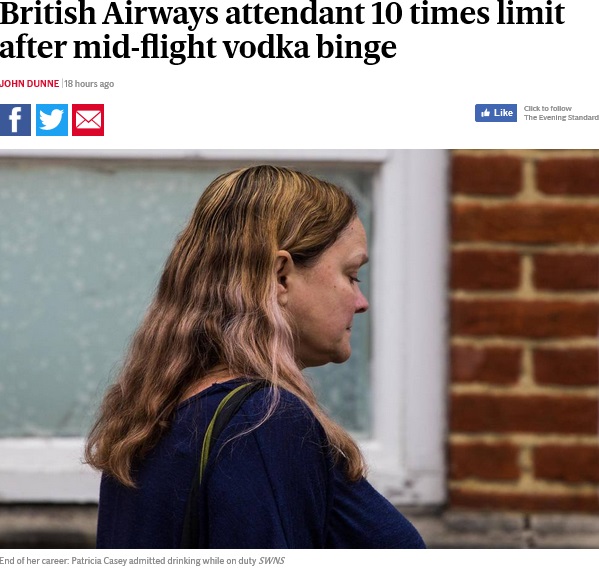 ウォッカを煽って勤務していたブリティッシュ・エアウェイズの客室乗務員（画像は『London Evening Standard　2018年4月12日付「British Airways attendant 10 times limit after mid-flight vodka binge」（SWNS）』のスクリーンショット）