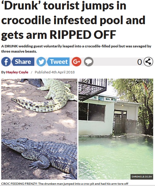 酔った男性、ワニのいるプールに飛び込む（画像は『Daily Star　2018年4月4日付「‘Drunk’ tourist jumps in crocodile infested pool and gets arm RIPPED OFF」（CHRONICLE.CO.ZW）』のスクリーンショット）