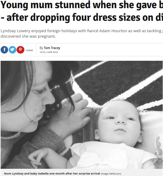 妊娠に気付かず病院へ、3時間後に女児誕生（画像は『Daily Record　2018年4月2日付「Young mum stunned when she gave birth to 8lb baby - after dropping four dress sizes on diet」（Image: SWNS.com）』のスクリーンショット）
