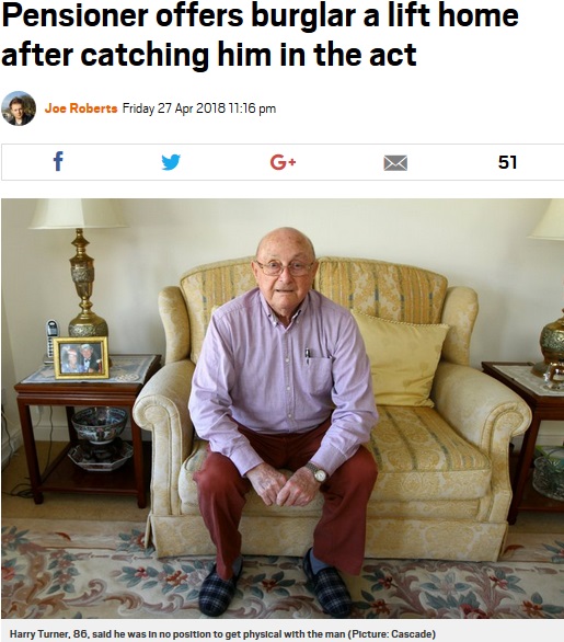 86歳男性が空き巣に頼まれたこととは…（画像は『Metro　2018年4月27日付「Pensioner offers burglar a lift home after catching him in the act」（Picture: Cascade）』のスクリーンショット）