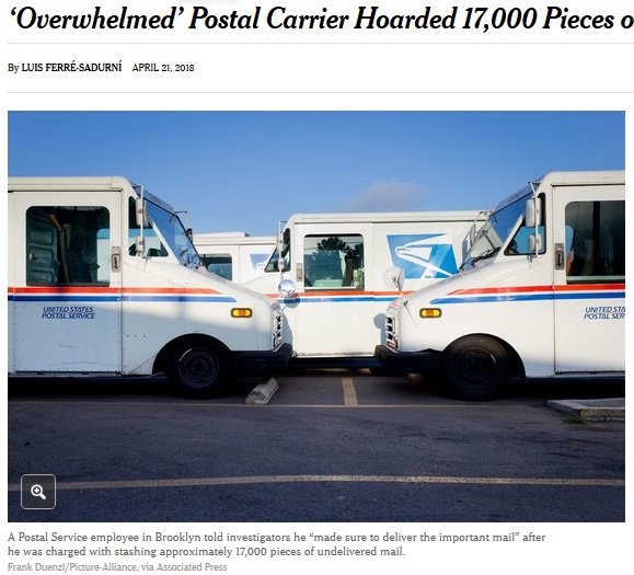 大量の郵便物を未配達にしていた男が逮捕（画像は『The New York Times　2018年4月21日付「‘Overwhelmed’ Postal Carrier Hoarded 17,000 Pieces of Mail, Officials Say」（Frank Duenzl/Picture-Alliance, via Associated Press）』のスクリーンショット）