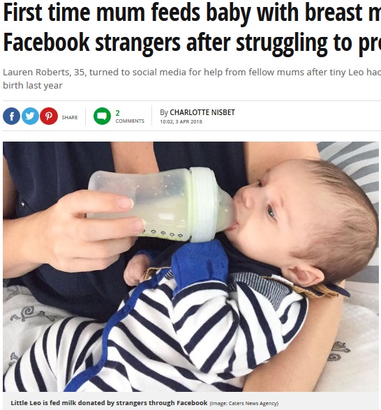 母乳育児を望む母親の選択に批判の声も（画像は『Mirror　2018年4月3日付「First time mum feeds baby with breast milk donated by Facebook strangers after struggling to produce her own」（Image: Caters News Agency）』のスクリーンショット）