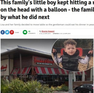 【海外発！Breaking News】レストランで2歳児に風船で頭を叩かれた客　その後の対応に両親は感涙（英）