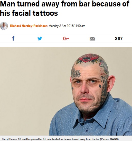 パブの入店を断られた男性（画像は『Metro　2018年4月2日付「Man turned away from bar because of his facial tattoos」（Picture: SWNS）』のスクリーンショット）