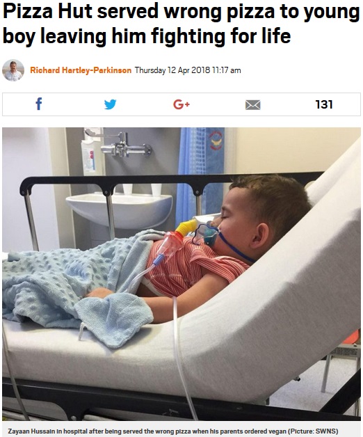 ピザで重いアレルギー反応を起こした男児（画像は『Metro　2018年4月12日付「Pizza Hut served wrong pizza to young boy leaving him fighting for life」（Picture: SWNS）』のスクリーンショット）
